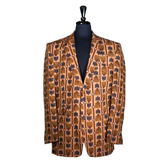 Mens Blazer Beige Brown Floral Wool Dress Formal Jacket Wedding